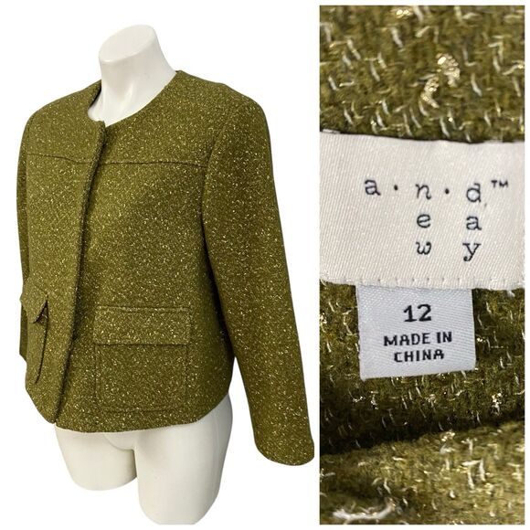 A New Day Blazer Womens 12 Jacket Green Gold Metallic Wool Blend Pockets Lined - Picture 2 of 16